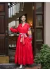 Runway Indie Folk Peacock Embroidery Red Christmas Dress Women's V-Neck Lantern Sleeve High Waist Bow Scarf Cotton Long Dresses 2023