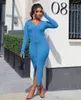 Casual Dresses Ribbed Sexig Women Dress Autumn Solid Sticked Button V Neck BodyCon Long Sleeve Slim Pencil Midi 2023 Elegant Party Robe