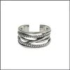 Полосовые кольца подлинные ювелирные изделия Sier 925 Sterling Mtilayer Wrap Twist Vintage Open Women Men Retro Регулируем