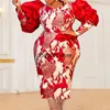 Casual jurken elegante vrouwen borduurjurk rode puff lange mouw sexy off schouderpotlood vintage feest avondjurken bodycon plus