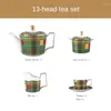 Plates Drinkware 11/15pcs Coffee Set Ceramic Green Stripe Cup Saucer Mug Afternoon Tea Teapot Sugar Bowl Milk Jug Coffeeware Gift