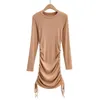 Casual Dresses WOMENGAGA Fashion Sexy Side Drawstring Tight Package Hip Mini Dress Women Solid Color Long Sleeve Crew Neck AQZ2