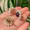 Wedding Rings Elegant Natural Freshwater Pearl For Women Jewelry Open Cuff Wire Wrapped Flower Real Amethysts Pink Crystal