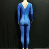 Sahne Giyim Rhinestone Dekorasyon Tulum Kadın Doğum Günü Kutlamak Streç kostüm mavi yüksek elastik bodysuit Performans Dans Gösterisi DJ946