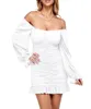 Casual Dresses Women Close-fitting Long Sleeve Dress With Ruffled Hem Solid Color Square Collar One-piec E S/ M/ L/ XL