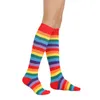 Damen-Socken für Mädchen, Regenbogenfarben, bunt, gestreift, über dem Knie, lang, für Halloween, Cosplay, Kostüm, gestrickt, dehnbar, Baumwolle, Oberschenkelhoch