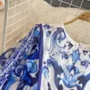 Vestido Maxi Feminino Manga Batwing Azul e Branco Impressão Porcelana Boêmia Férias Designer de Moda Vestidos de Verão Faldas 2023