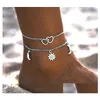 Anklets Fashion Jewelry Anklet Vintage Star Moon Heart Ankle Bracelet Sun Double Layer Drop Delivery Dhvf2