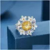 Wedding Rings Fashion Charm Flower Inlay Square Yellow Crystal Zircon Adjustable Size Two Tone Jewelry For Women Engagement Drop Del Dhy5O