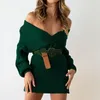 Sıradan Elbiseler 2023 Sonbahar Kış Kış Sıcak Şeritli Örgü Kadın Seksi Sargı V Boyun Katı Mini Vintage Batwing Uzun Kollu Kazak