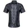 Men's Casual Shirts Hi-Tie Black Silver Floral Short Sleeves Men Social Jacquard Silk Elegant Hawaiian Shirt For Male Oversize Wedding