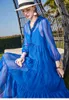 Casual Dresses Street Style Women's Spring V-Neck Three Quarter-Sleeve Silk Adjustable Waist Medium And Long Lady Dress Blue S-XL