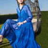 Casual Dresses Street Style Women's Spring V-Neck Three Quarter-Sleeve Silk Adjustable Waist Medium And Long Lady Dress Blue S-XL