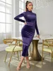 Vestidos casuais Violet Color sexy Veja através de malha de retalhos Velvet Bodycon Dress Woman Pacote Hips Rayon Bandagem Evening Party Vestido