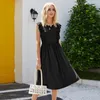 Casual Dresses Summer Solid Color Vintage Dress Ruffled ärmlös fest Rund hals Big Swing 2023 Hög midja A-Line