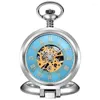 Pocket horloges luxe Sliver blauw mechanisch horloge voor mannen vrouwen steampunk skelet skelet fob keten hanger gouden gouden montre de poche