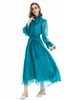 Women's Runway Dresses Lace Up Collar Long Sleeves Elegant High Street Dress with Sashes Vestidos