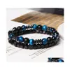 Conjunto de pulsera de piedra de ojo de tigre natural con cuentas 2 cadenas pulseras hombres joyería elástica vintage mujeres 8 mm mate ónix hematita bea dhpfv