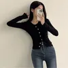 Women's Knits Temperament Lady Low Round Neck Long Sleeves Pleated Buttons T-shirt Women's Autumn Slim Show Skinny Babes Cardigan Top