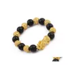 Filo di perline Ossidiana naturale Pixiu Bracciale animale Preghiera buddista Truppe coraggiose Pietra nera Consegna gioielli Bracciali Dhade