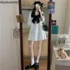 Casual Dresses Japanese Harajuku Spring Autumn Women White Mini Dress V Neck Bow High Waist Party Puff Sleeve Ruffles Lolita Tiered