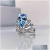 Cluster Anelli 2021 Trend 100 Real Sier per le donne Lusso 8X12Mm Acquamarina Pietra Ad alto tenore di carbonio Diamante Anello di fidanzamento per matrimonio Gioielli Dhmay