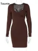 Casual Dresses Tawnie Deep V Neck Long Sleeve Bodycon Dress för år 2023 Kvinnor Soild Slim Mini Autumn Winter Party Elegant