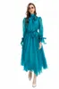 Women's Runway Dresses Lace Up Collar Long Sleeves Elegant High Street Dress with Sashes Vestidos