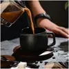 Mugs 250Ml Creative Black Matte Coarse Y Coffee Cup With Wooden Saucer Spoon Kit Brief Ceramic Drinkware Office Tea Water Drop Deliv Dhyka