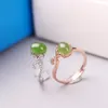 Cluster Rings Natural Oval Chalcedony Plant Winding Rose Gold Opening Adjustable Ring Chinese Retro Charm Women's Brand Silver Jewelry