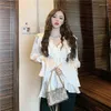 Kvinnors blusar Fairy Office Lady Elegant Ruffle Blue Women Fashion Satin Shirt Vintage White Long Sleeve Lolita Casual Tops Princess