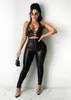 Women's Two Piece Pants RT Sexy Women Faux Leather Tracksuit Pieces Set Tank Crop Top Long Legs Slit PU 2