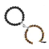 Beaded Strand 2Pcs/Set Couple Bracelets Men 8Mm Natural Tiger Eye Malachite Stone Beads Heart Magnet Bangle Friendship Women Yoga Je Dhc2N