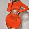 Casual jurken sexy uitgesneden ruches mini bodycon jurk voor vrouwen elegante nachtclub met lange mouwen sinaasappelkleding mager vestidos