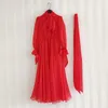 Women's Runway Dresses Lace Up Collar Long Sleeves Elegant High Street Dress with Sashes Vestidos