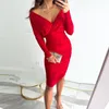 Casual jurken sexy bodycon feestjurk vrouwen herfst mode solide diep v-neck slanke pakket met lange mouwen heup geplooide midi femme vestidos