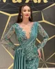 Dresses 2023 Plus Size Prom Dresses Arabic Mermaid Luxurious Sexy V Neck Full 3D Floral Lace Crystal Beaded Long Sleeves Evening Formal Pa