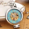 Montres De Poche Luxe Ruban Bleu Montre Mécanique Pour Hommes Femmes Steampunk Squelette Creux Fob Chaîne Pendentif Or Doré Montre De Poche