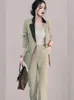 Women's Two Piece Pants ZAWFL High Quality 2023 Autumn One Button Notched Solid Blazer Coat Long Pant Office Work Green Sets Suits