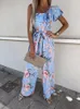 Work Dresses Elegant Off Shoulder Ruffle Beach Jumpsuits Sexy Floral Print Hollow Strap Playsuit Summer Casual Tie-up Wide Leg Loose Overall