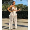 Kvinnors tvåbitar byxor Puloru Sexig Tassel Two-Piece Matching Set Women Club Streetwear Sleeveless Halter Crop Tops Hög midja ihålig ut