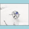 Anello solitario di lusso a tre strati anelli di zaffiro imposta 925 sterling Sier blu cristallo strass diamante cuore matrimonio per le donne Fas Otact
