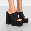 Тапочки женщины супер высокие каблуки роскошные двойные платформы дамы сандалий Square Cunky Helb