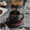 Mugs 250Ml Creative Black Matte Coarse Y Coffee Cup With Wooden Saucer Spoon Kit Brief Ceramic Drinkware Office Tea Water Drop Deliv Dhyka