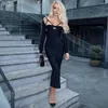 Casual Dresses Sexig Sling Långärmad Bodycon Bandage Dress 2023 Winter Women's Black Hollow Celebrity Club Party Midi Vestidos