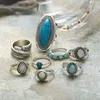 Bandringar 8st/set Vintage Böhmen silver turkos knogar för kvinnor geometriska opal midi