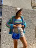 Kvinnors tankar PUWD Kvinnor Stripe Knit Jacket Blue Gules Green Nifty Sweet Super Short Trendy Recreational 2023 Summer Female Condole Belt