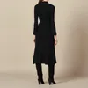 Casual Dresses Elegant Pearl Rivet Sheath Slim Dress Women 2023 Autumn Winter High Neck Long Sleeve Knitted Sweater Midi Woman