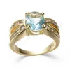 Wedding Rings Aqua Blue Oval Stone Ring 4 Prong Crystal Zircon For Women Engagement Jewelry Vintage Fashion Yellow Gold Birthstone