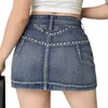 Skirts Women Mini Denim Y2k Fashion Rhinestone High Waist Flap Pocket Short Jean Female Clothing